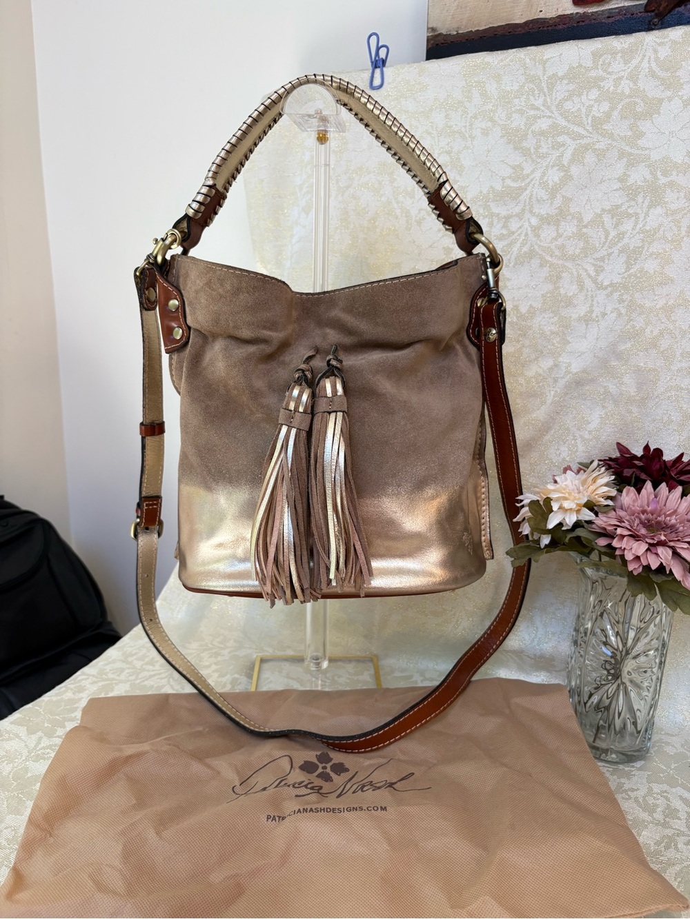 Patricia Nash Octavia Gold Dip Dye Metallic Tassel Bucket Bag